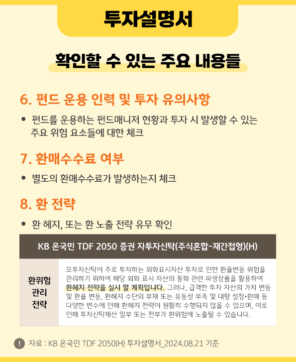 '펀드 투자설명서'에 들어있는 펀드 운용 인력 및 유의사항, 환매수수료 여부, 그리고 환 전략.